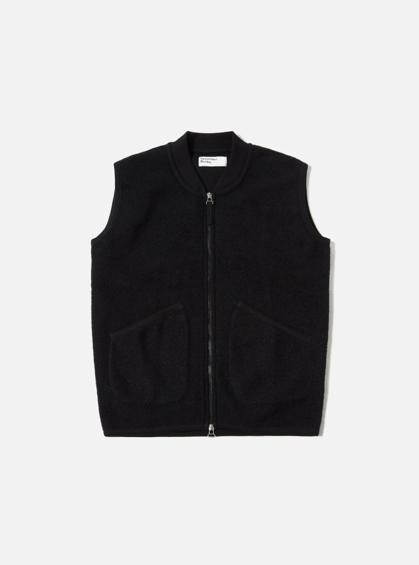 Black Wool Fleece Zip Waistcoat Universal Works