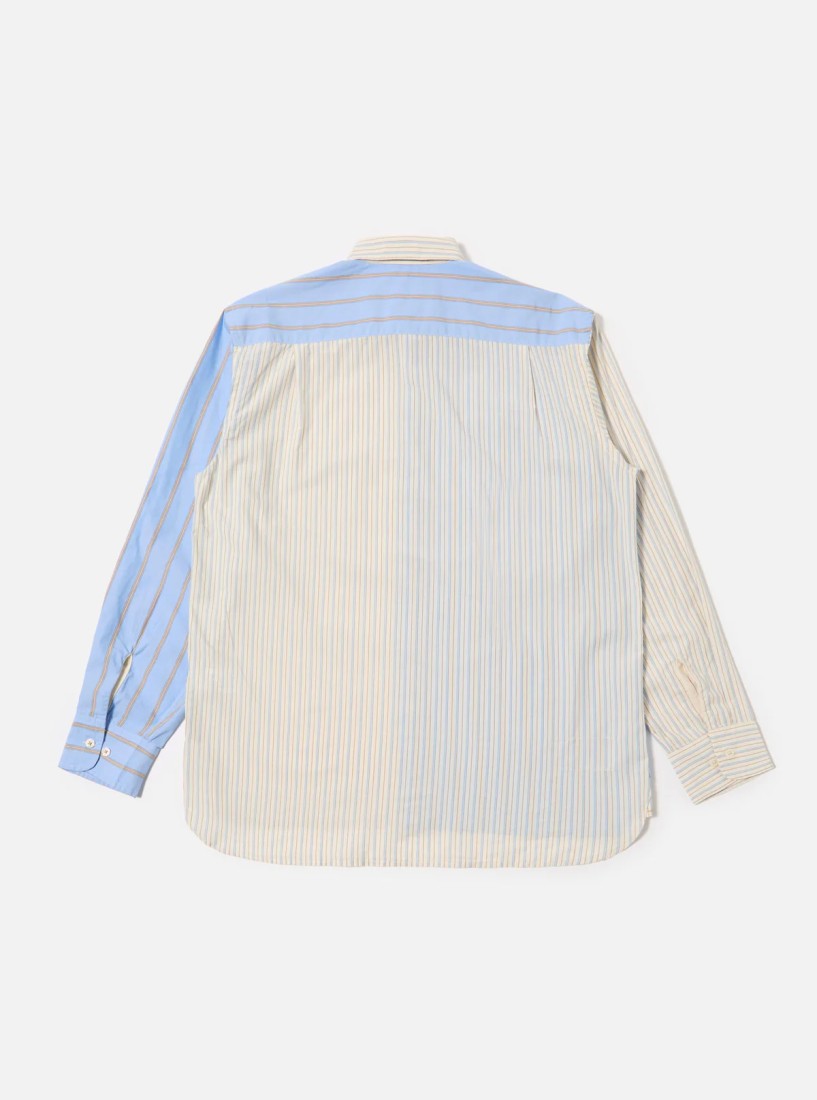 Ecru / Blue Mix Pop Stripe Mix Station Shirt Universal Works
