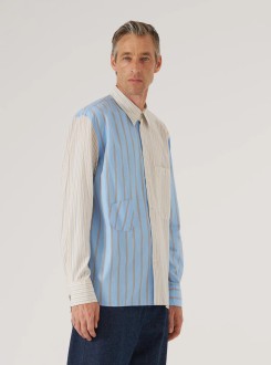 Ecru / Blue Mix Pop Stripe Mix Station Shirt Universal Works